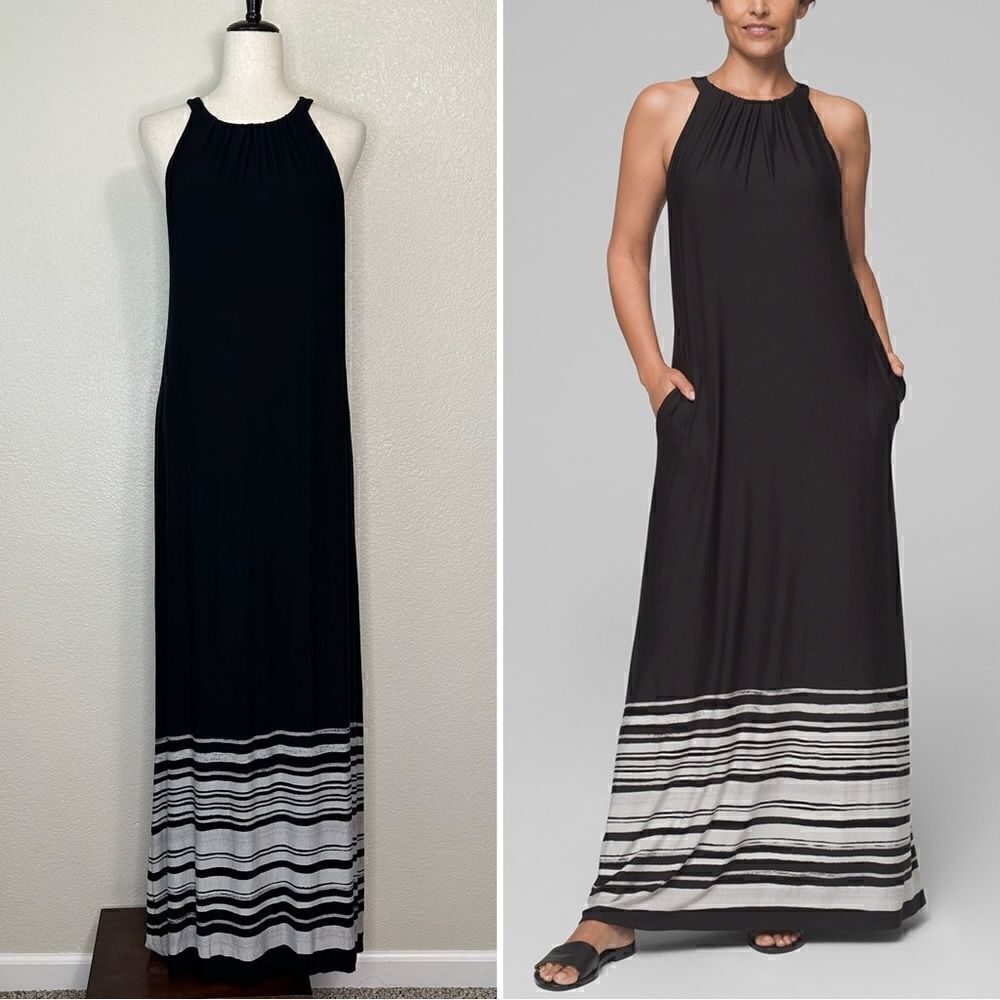 Soma Halter Black Gray Striped Maxi Dress, Sz Medium